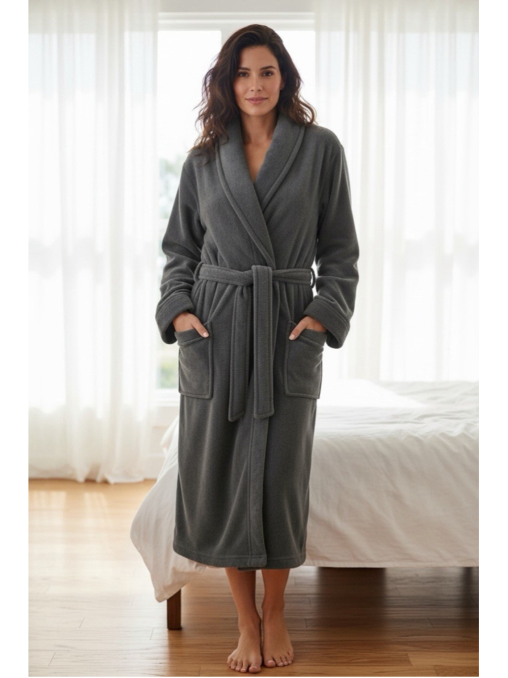 Women's Gray Fleece Bathrobe Plush Shawl Collar Spa Robe with Pockets L/XL Warm
